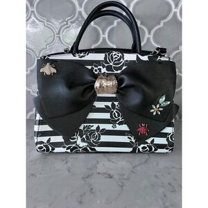 Betsey Johnson Glam Garden Striped Rose Satchel Large Bow Jeweled Crossbody Bag